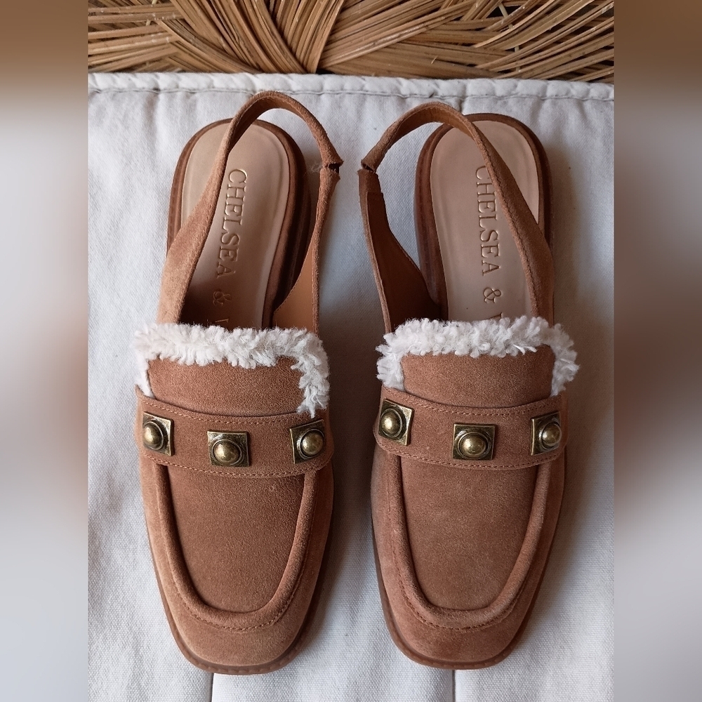 Chelsea & Violet Brown Mules with White Faux Fur Trim_9.5